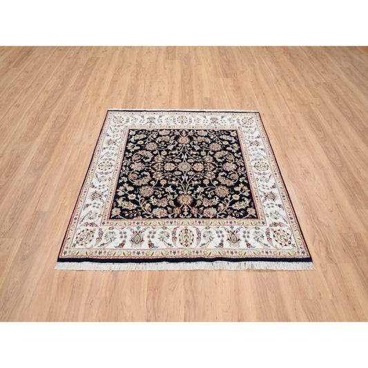 Fine Oriental Wool Hand Knotted Rug Blue Ivory 5.0X5.0 -O064043