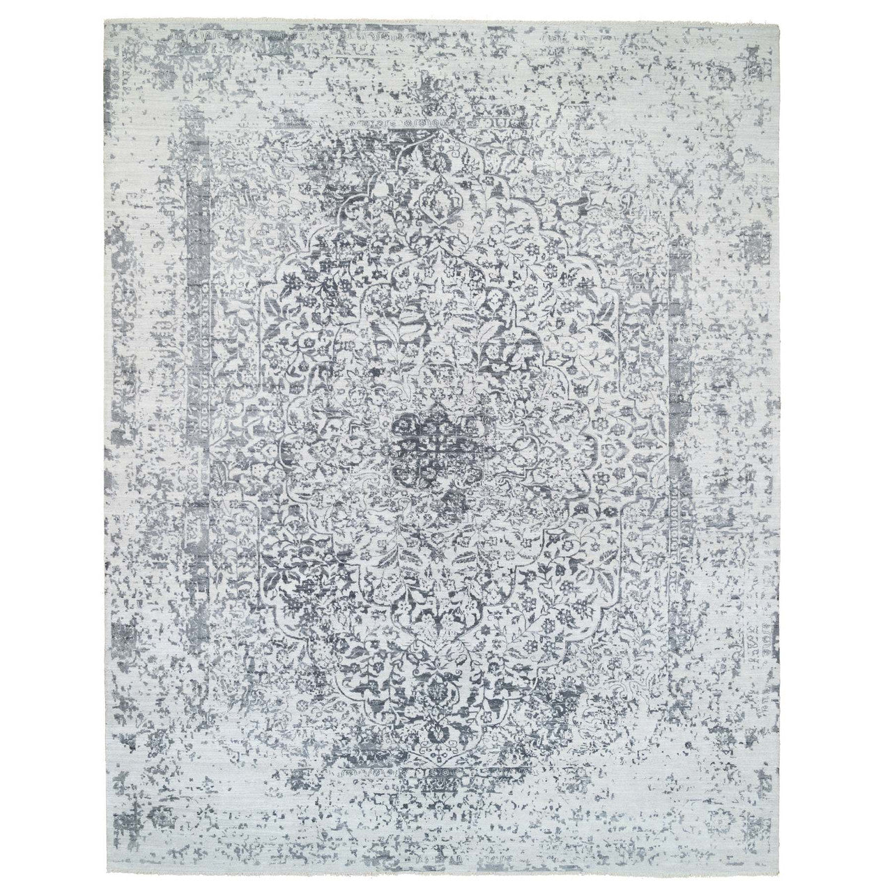 Gray 12'1" x 15'1" Transitional Hand knotted Wool/Silk Rug - Sku: O064054