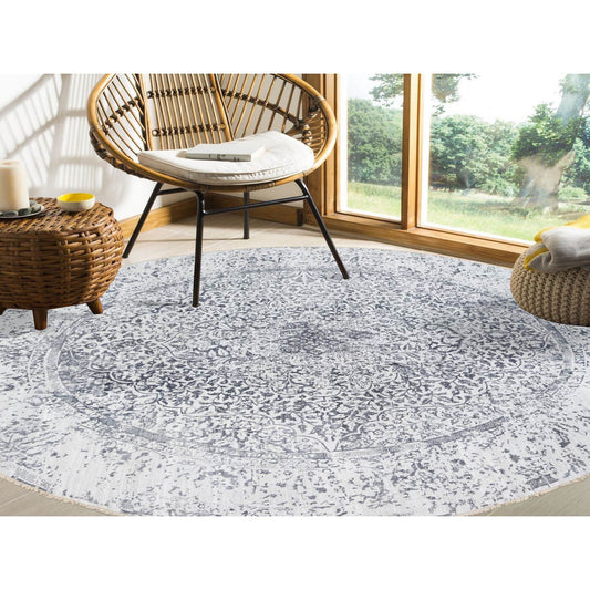 Transitional Wool & Silk Hand Knotted Rug Grey Gray 11.9X11.9 -O064058