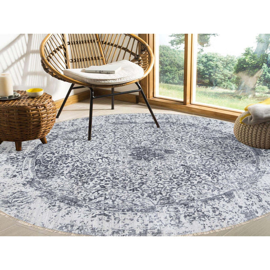 Transitional Wool & Silk Hand Knotted Rug Grey Gray 7.10X7.10 -O064086
