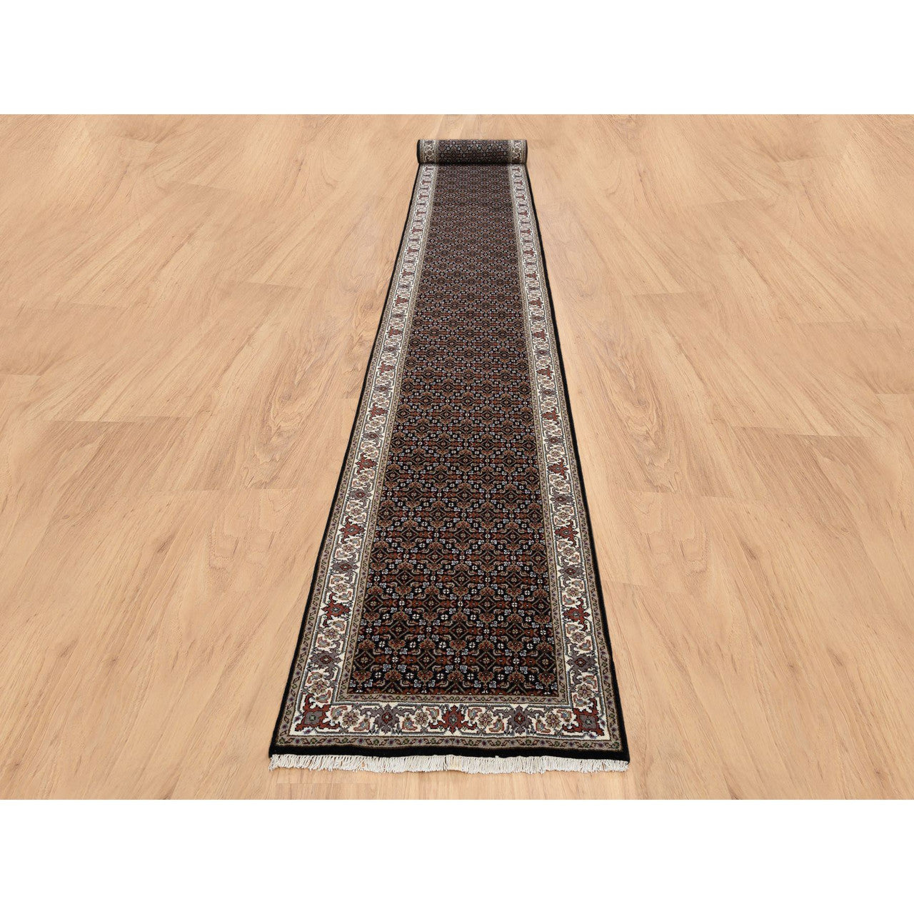 Fine Oriental Wool & Silk Hand Knotted Rug Black Black 2.5X20.0 -O064114