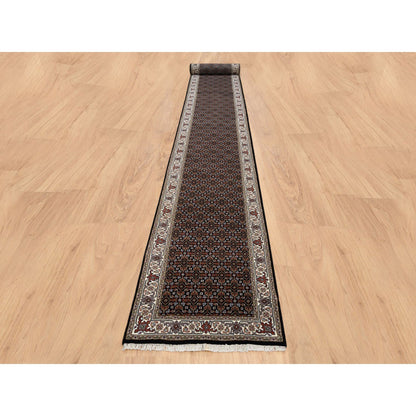 Fine Oriental Wool & Silk Hand Knotted Rug Black Black 2.5X20.0 -O064114