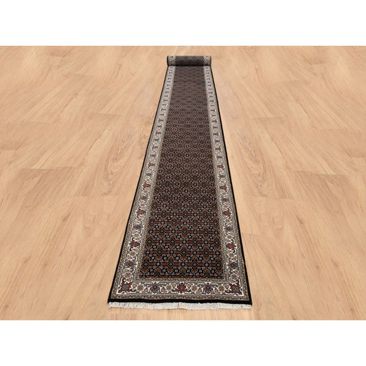 Fine Oriental Wool & Silk Hand Knotted Rug Black Black 2.5X20.0 -O064114