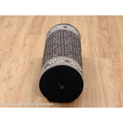 Fine Oriental Wool & Silk Hand Knotted Rug Black Black 2.5X20.0 -O064114