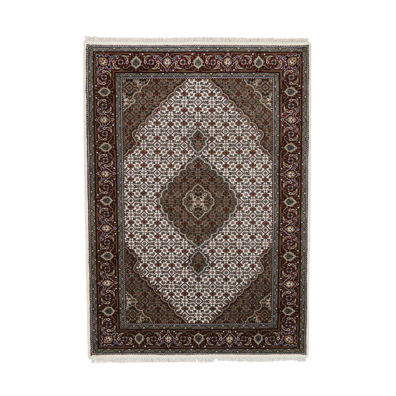 Fine Oriental Silk & Cotton Blend Hand Knotted Rug Ivory Red 4.0X6.1 -O064122
