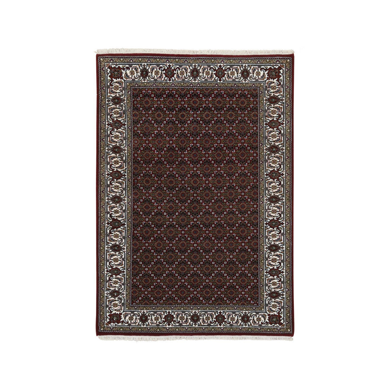 Fine Oriental Wool & Silk Hand Knotted Rug Red Ivory 4.0X5.10 -O064124
