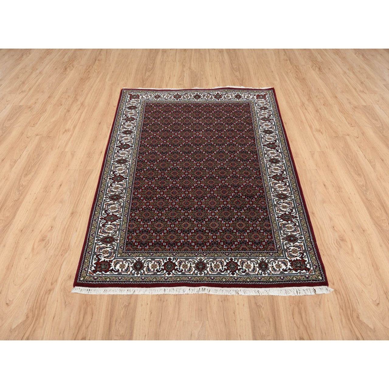 Fine Oriental Wool & Silk Hand Knotted Rug Red Ivory 4.0X5.10 -O064124