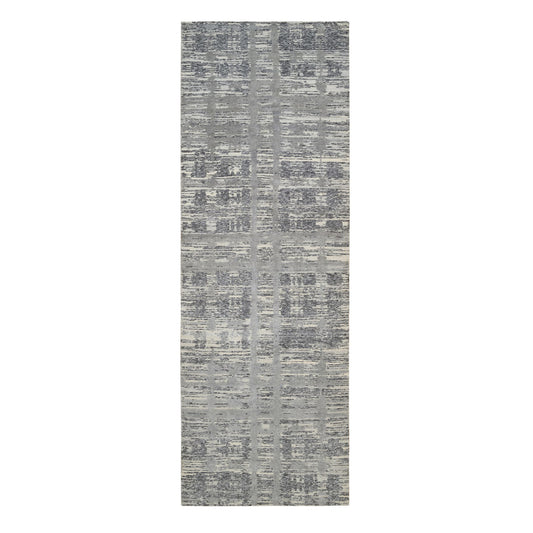 Modern and Contemporary Wool Hand Knotted Rug Grey No Border 4.1X12.0 -O064156