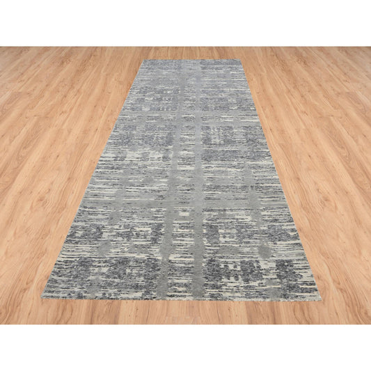 Modern and Contemporary Wool Hand Knotted Rug Grey No Border 4.1X12.0 -O064156