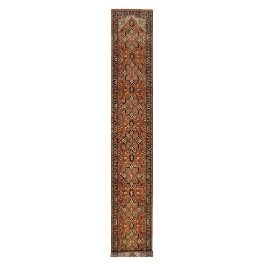 Heriz Wool Hand Knotted Rug Red Navy Blue 2.7X16.3 -O064198