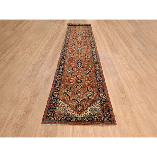 Heriz Wool Hand Knotted Rug Red Navy Blue 2.7X16.3 -O064198