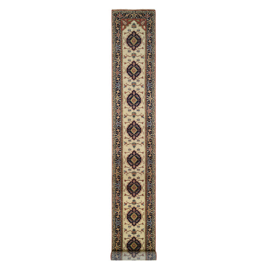 Heriz Wool Hand Knotted Rug Ivory Navy Blue 2.5X19.9 -O064202