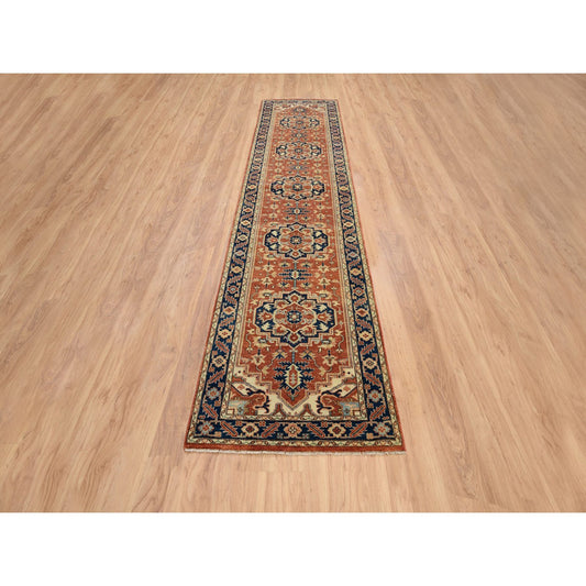Heriz Wool Hand Knotted Rug Red Navy Blue 2.6X12.2 -O064205