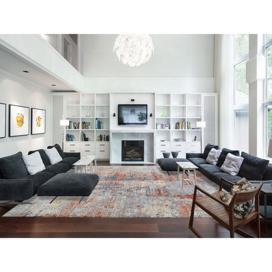 Modern and Contemporary Wool & Silk Hand Knotted Rug Grey No Border 12.0X15.3 -O064224