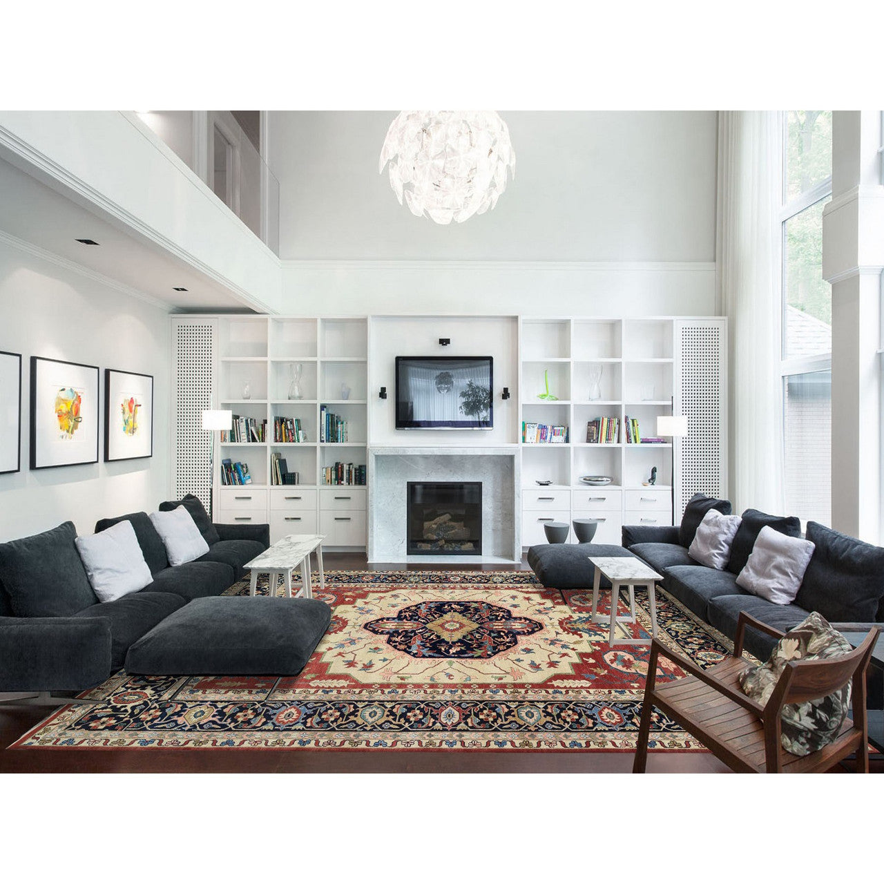 Ivory 11'9" x 17'10" Heriz Hand knotted Wool Rug - Sku: O064244