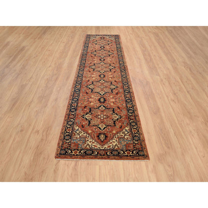 Heriz Wool Hand Knotted Rug Red Navy Blue 2.7X12.0 -O064250
