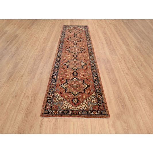 Heriz Wool Hand Knotted Rug Red Navy Blue 2.7X12.0 -O064250
