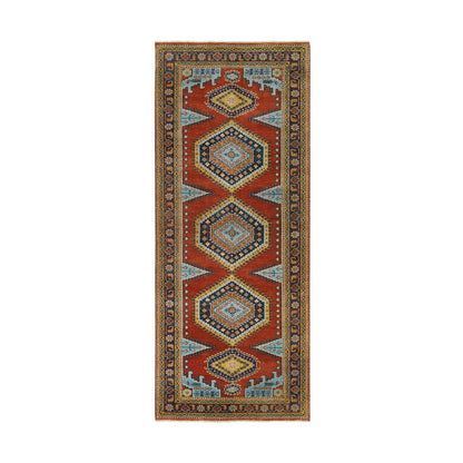 Heriz Wool Hand Knotted Rug Red Navy Blue 4.0X10.0 -O064256