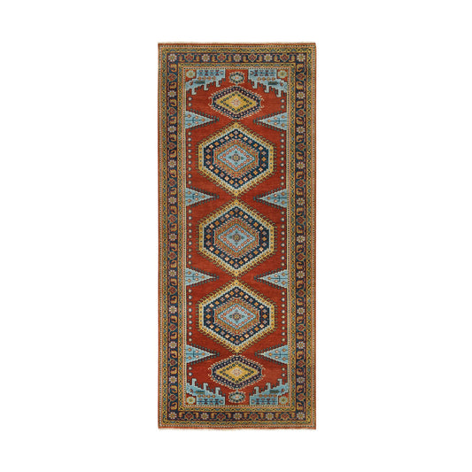 Heriz Wool Hand Knotted Rug Red Navy Blue 4.0X10.0 -O064256