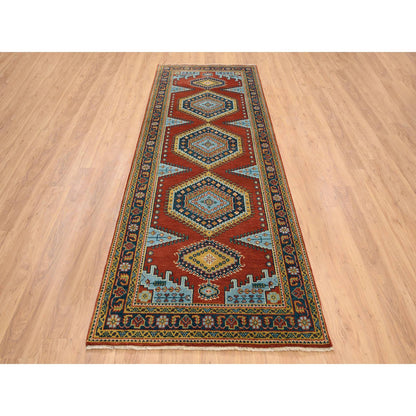 Heriz Wool Hand Knotted Rug Red Navy Blue 4.0X10.0 -O064256
