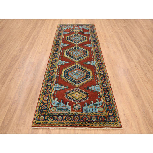 Heriz Wool Hand Knotted Rug Red Navy Blue 4.0X10.0 -O064256