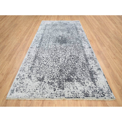 Transitional Wool & Pure Silk Hand Knotted Rug Grey No Border 6.0X12.1 -O064303