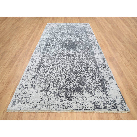 Transitional Wool & Pure Silk Hand Knotted Rug Grey No Border 6.0X12.1 -O064303