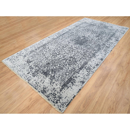 Transitional Wool & Pure Silk Hand Knotted Rug Grey No Border 6.0X12.1 -O064303