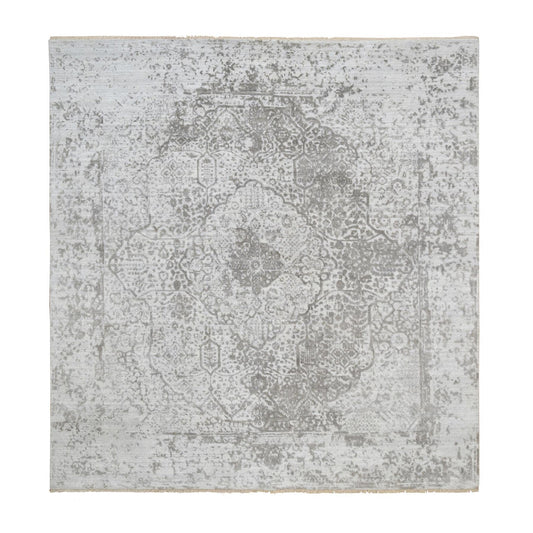 Transitional Wool & Pure Silk Hand Knotted Rug Grey No Border 8.0X8.3 -O064321