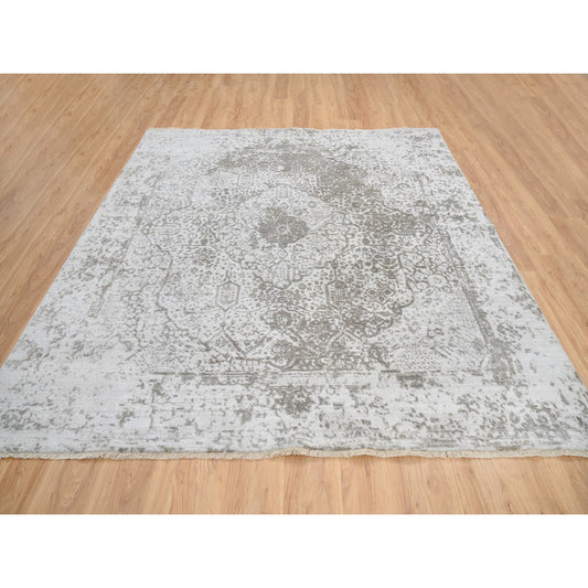 Transitional Wool & Pure Silk Hand Knotted Rug Grey No Border 8.0X8.3 -O064321