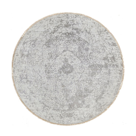 Transitional Wool & Pure Silk Hand Knotted Rug Grey No Border 6.7X6.7 -O064322