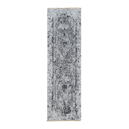 Transitional Wool & Pure Silk Hand Knotted Rug Grey No Border 2.7X8.2 -O064324