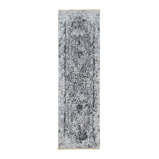 Transitional Wool & Pure Silk Hand Knotted Rug Grey No Border 2.7X8.2 -O064324