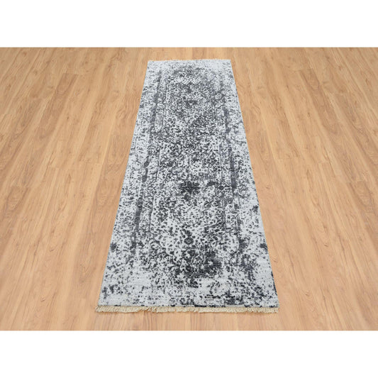 Transitional Wool & Pure Silk Hand Knotted Rug Grey No Border 2.7X8.2 -O064324