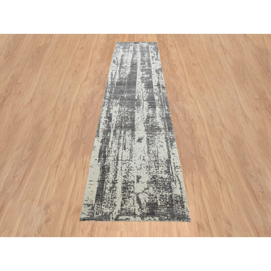 Modern and Contemporary Wool & Pure Silk Hand Loomed Rug Black No Border 2.6X11.10 -O064327