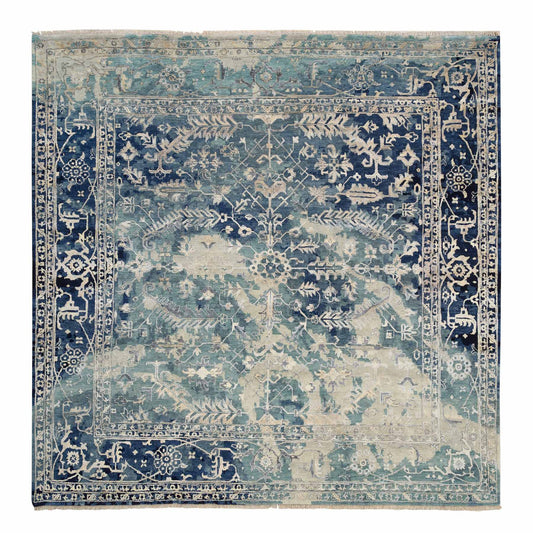 Transitional Wool & Silk Hand Knotted Rug Teal Dark Denim 10.0X10.0 -O064334