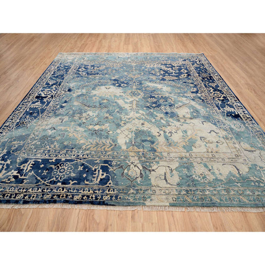 Transitional Wool & Silk Hand Knotted Rug Teal Dark Denim 10.0X10.0 -O064334