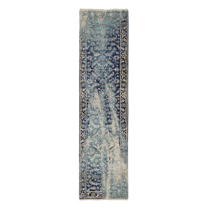 Transitional Wool & Silk Hand Knotted Rug Teal Denim Blue 2.7X10.0 -O064356