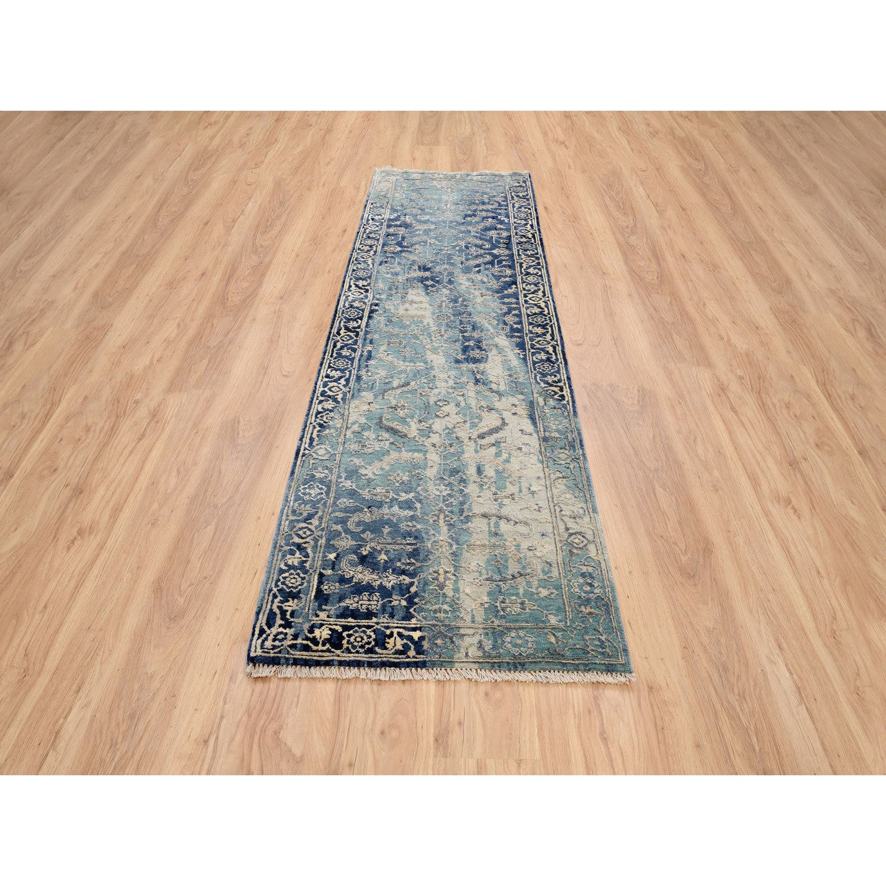 Transitional Wool & Silk Hand Knotted Rug Teal Denim Blue 2.7X10.0 -O064356