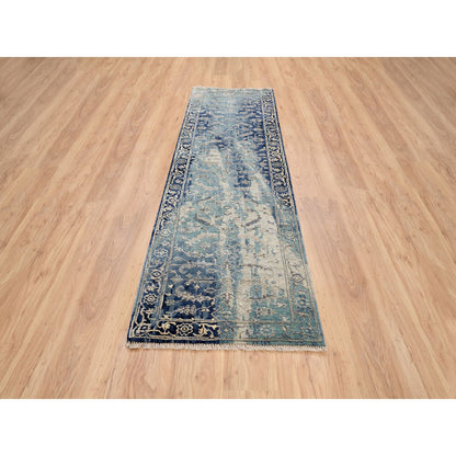 Transitional Wool & Silk Hand Knotted Rug Teal Denim Blue 2.7X10.0 -O064356