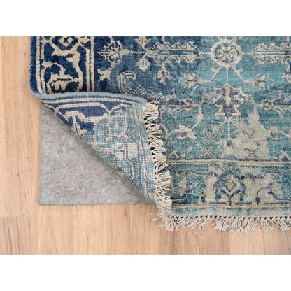 Transitional Wool & Silk Hand Knotted Rug Teal Denim Blue 2.7X10.0 -O064356