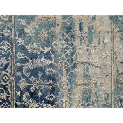 Transitional Wool & Silk Hand Knotted Rug Teal Denim Blue 2.7X10.0 -O064356
