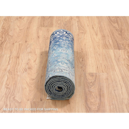 Transitional Wool & Silk Hand Knotted Rug Teal Denim Blue 2.7X10.0 -O064356
