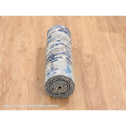 Modern and Contemporary Wool & Silk Hand Knotted Rug Blue No Border 2.6X8.0 -O064358