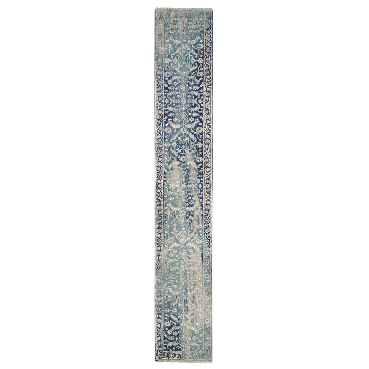 Transitional Wool & Silk Hand Knotted Rug Teal Denim Blue 2.7X15.9 -O064367