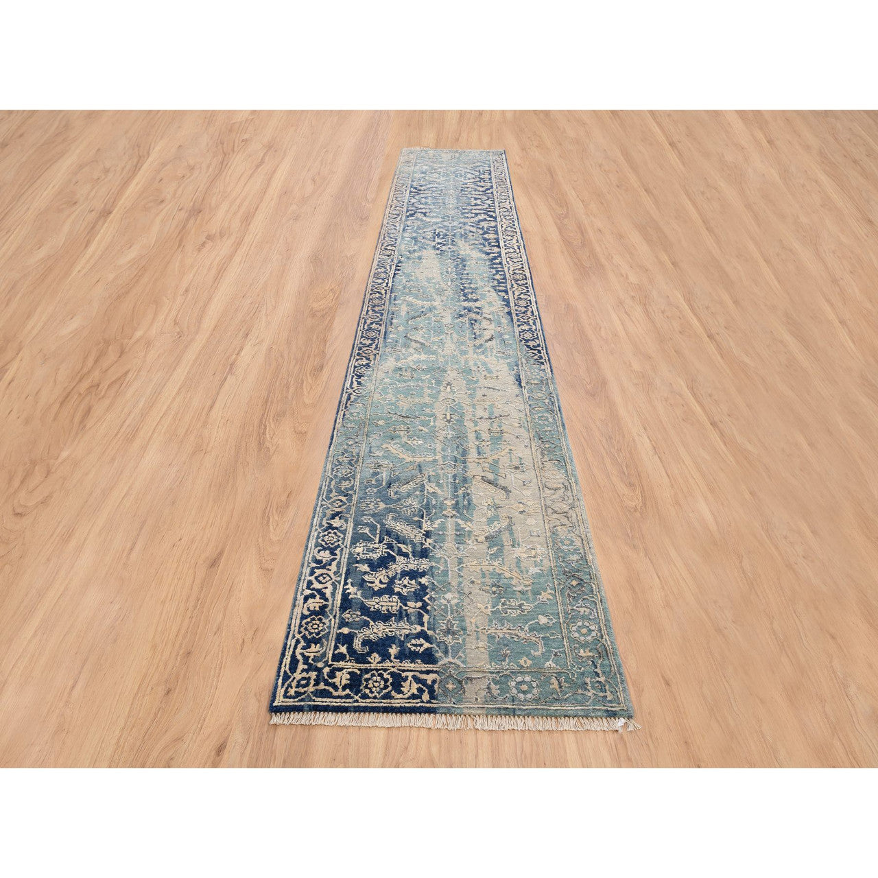Transitional Wool & Silk Hand Knotted Rug Teal Denim Blue 2.7X15.9 -O064367