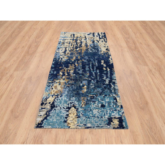 Modern and Contemporary Wool & Silk Hand Knotted Rug Blue No Border 2.6X8.0 -O064370