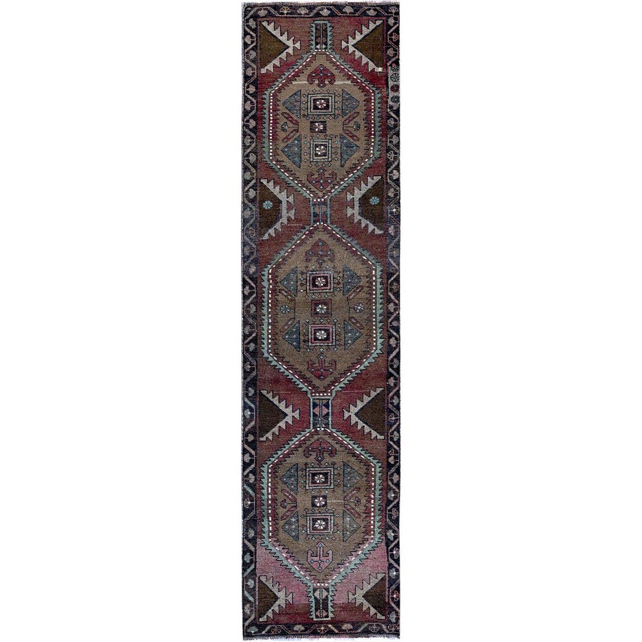 Overdyed & Vintage Wool Hand Knotted Rug Red 3.0x12.1 -O0643