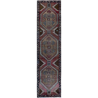 Overdyed & Vintage Wool Hand Knotted Rug Red 3.0x12.1 -O0643