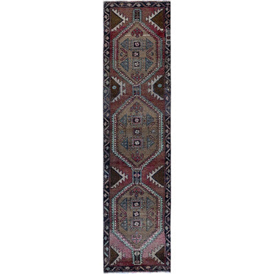 Overdyed & Vintage Wool Hand Knotted Rug Red 3.0x12.1 -O0643